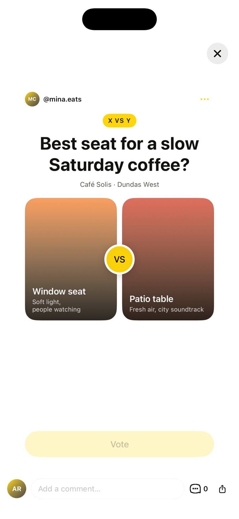 Pic-Card comparing two options with a vote and comments